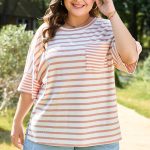 Pink Stripe Waffle Knit Pocketed Half Sleeve Plus Size T Shirt
