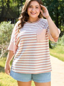Pink Stripe Waffle Knit Pocketed Half Sleeve Plus Size T Shirt