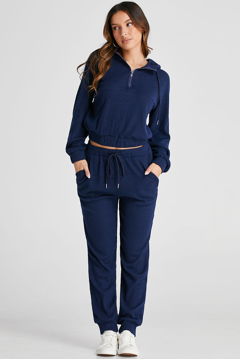 Navy Blue Ribbed Knit Cropped Hoodie and Drawstring Joggers Set - Image 8