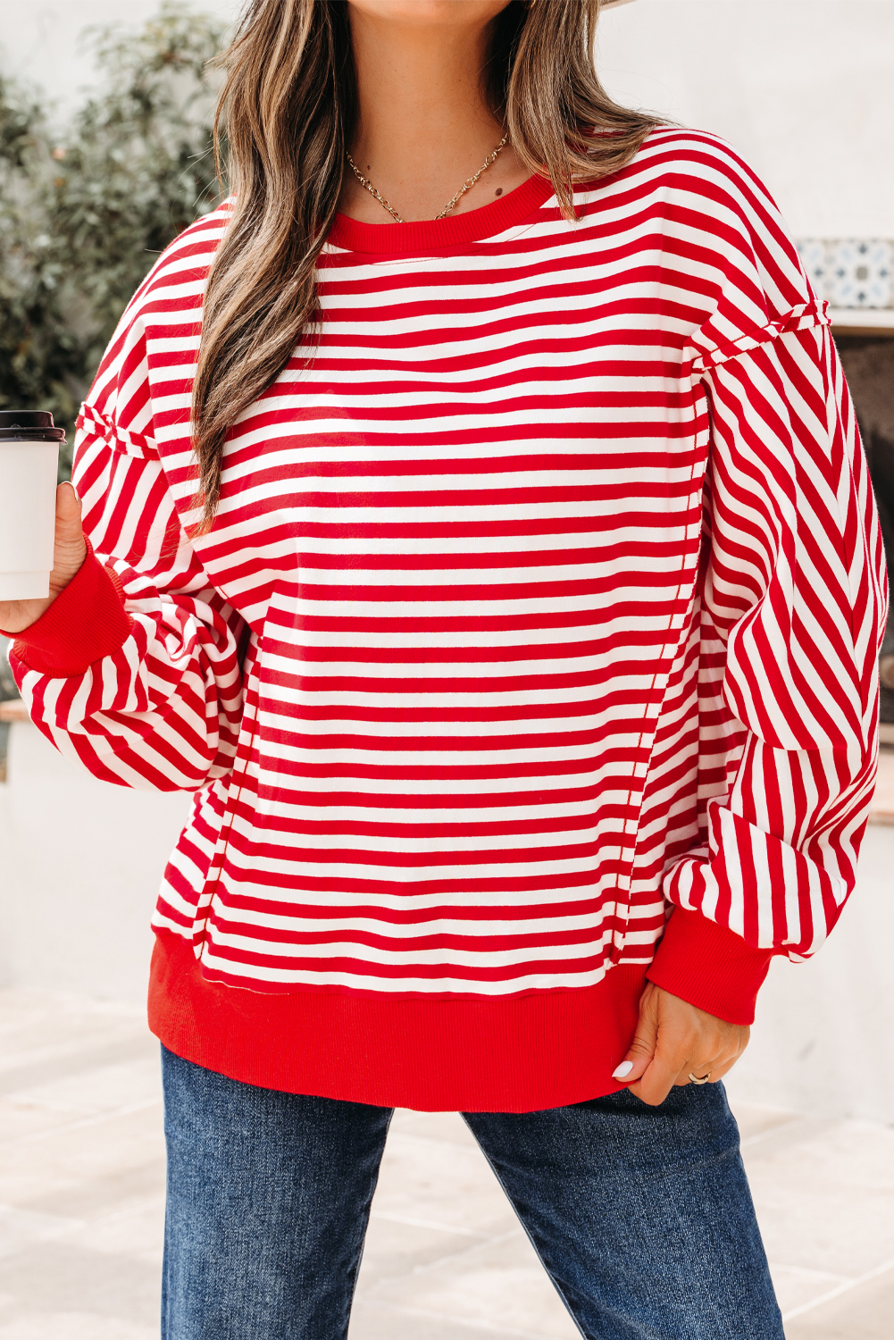 Red Stripe Exposed Seam Drop Shoulder Casual Pullover Top - Image 7