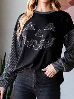 Black Halloween Rhinestone Pumpkin Face Contrast Ribbed Long Sleeve Patchwork Top