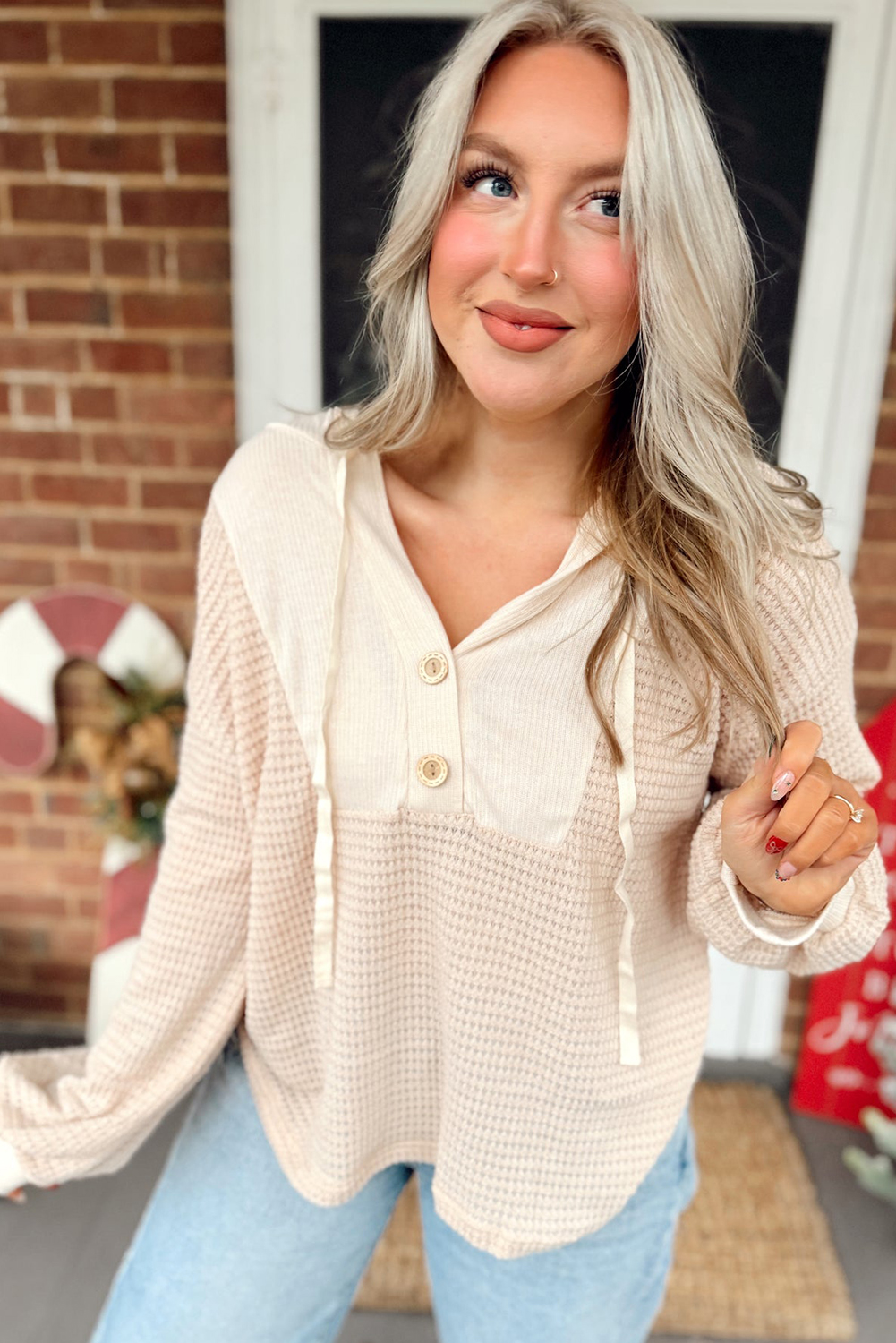 Oatmeal Waffle Patchwork Drop Shoulder Hooded Long Sleeve Top - Image 4