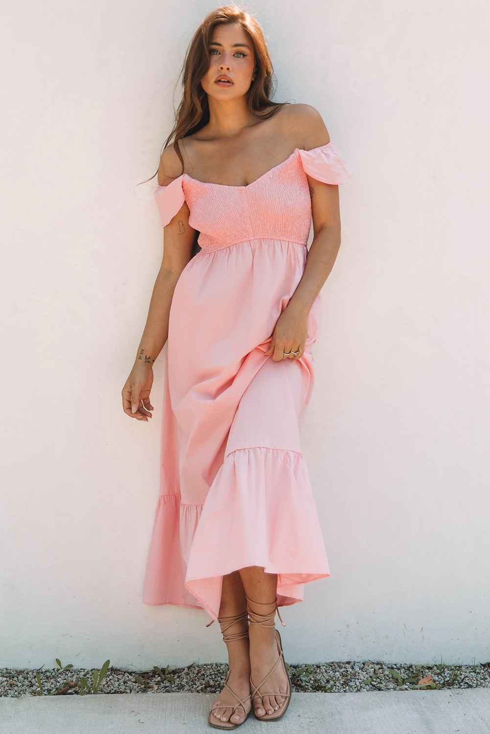Pink V Neck Flutter Sleeve Smocked Bodice High Waist Ruffle Maxi Dress - Image 7