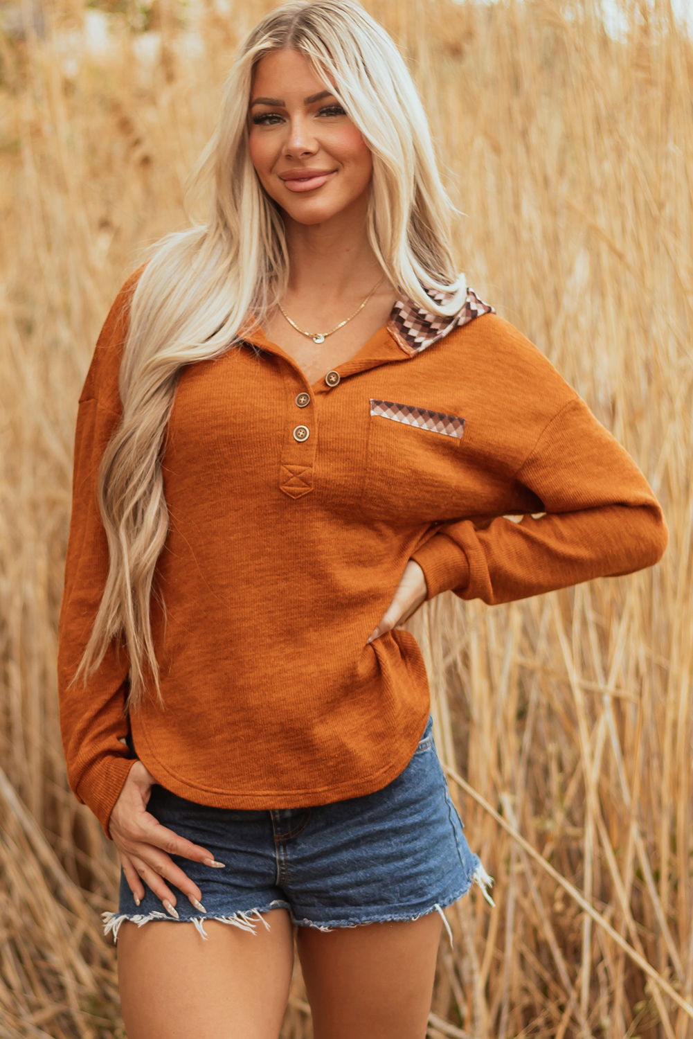 Straw Yellow Contrast Plaid Hood Patchwork Chest Pocket Henley Top - Image 4