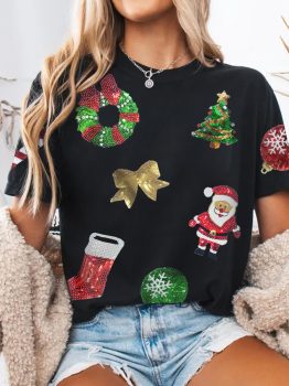 Black Sequin Christmas Essentials Graphic Crewneck T Shirt
