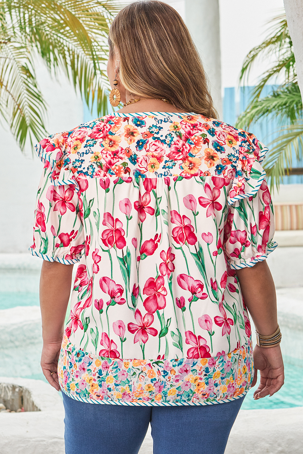 Pink Plus Size Floral Print Striped Trim V Neck Blouse - Image 2