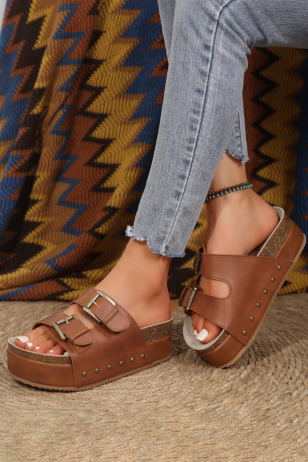 Chestnut Dual Buckle Studded Platform Sandal Slippers - Image 3