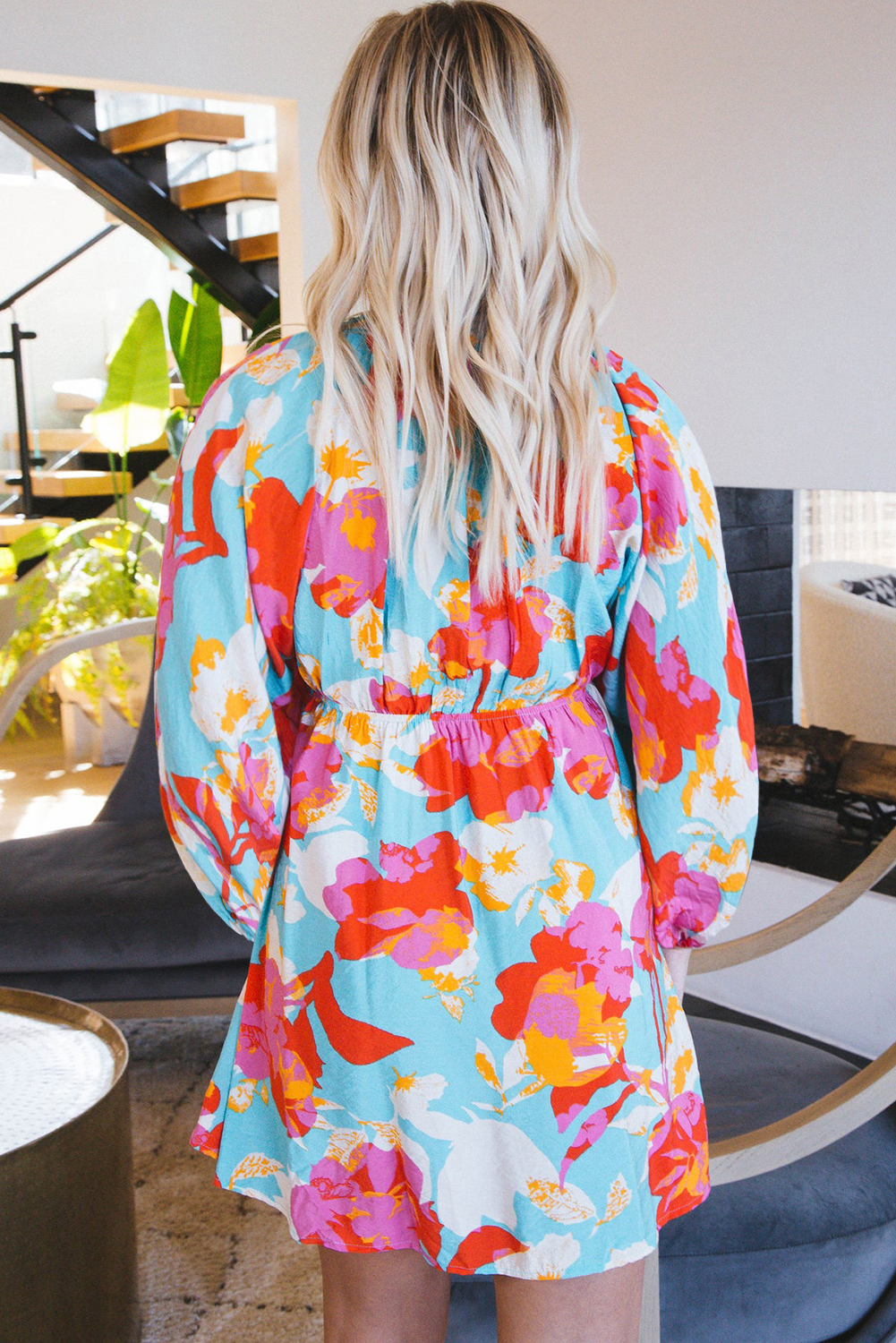 Sky Blue Floral Bracelet Sleeve Empire Waist Mini Dress - Image 8