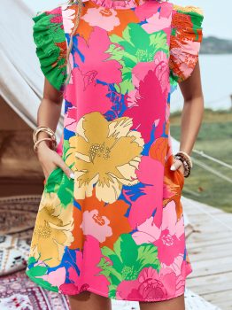 Pink Bold Floral Flutter Sleeve Shift Mini Dress with Pockets