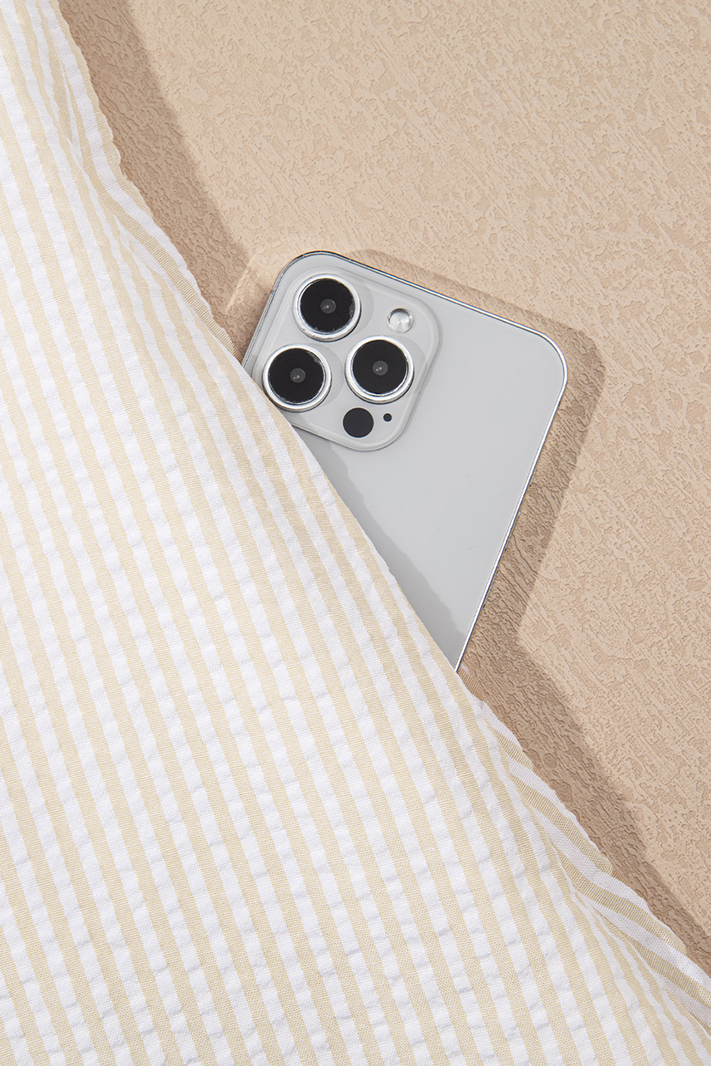 Beige Stripe Seersucker Contrast Round Neck Puff Sleeve T Shirt Dress - Image 8