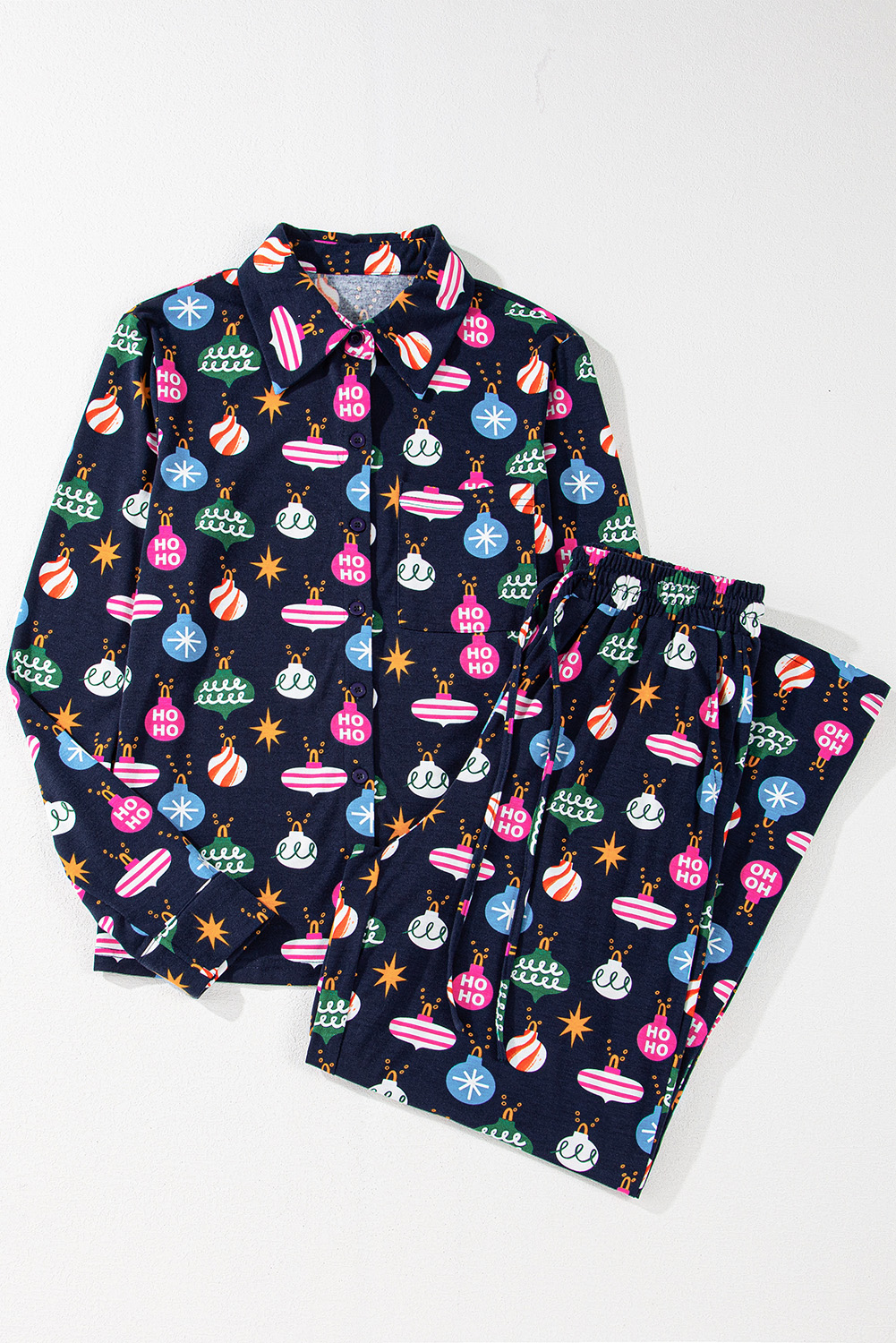 Navy Blue Colorful Christmas Lights Print Shirt and Pants Pajama Set - Image 8