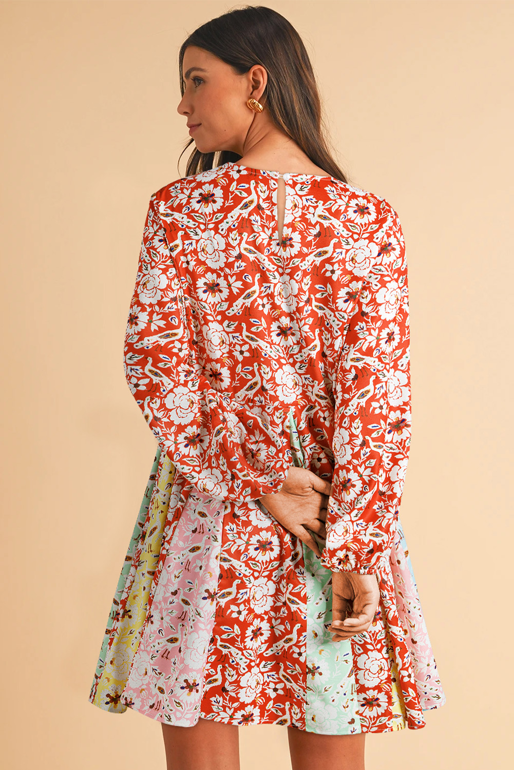 Red Colorful Floral Patchwork Long Sleeve Pleated Mini Dress - Image 2
