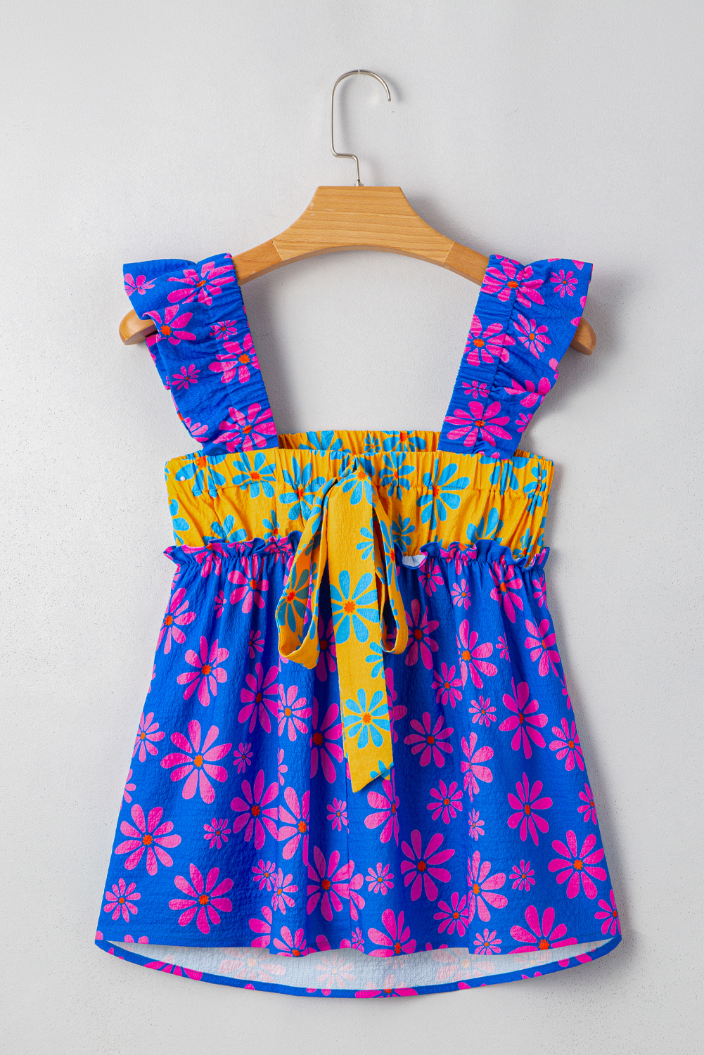 Blue Floral Colorblock Flutter Straps Flowy Tank Top - Image 4