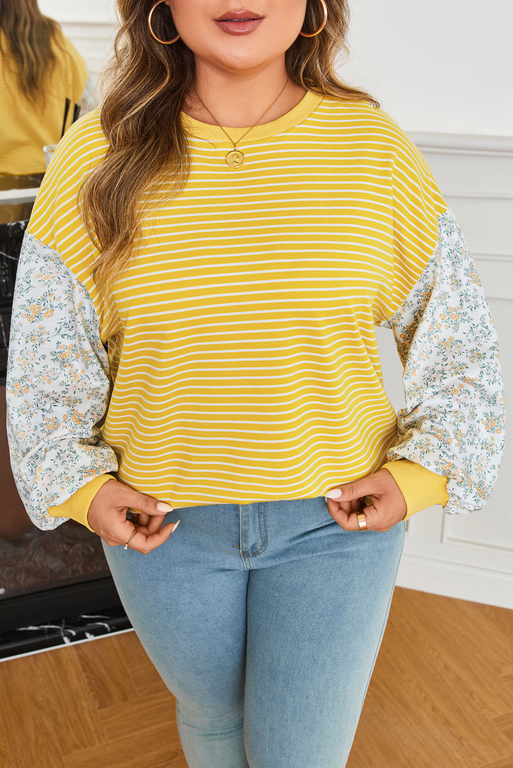 Yellow Stripe Striped Contrast Floral Sleeve Patchwork Plus Size Loose Top - Image 7