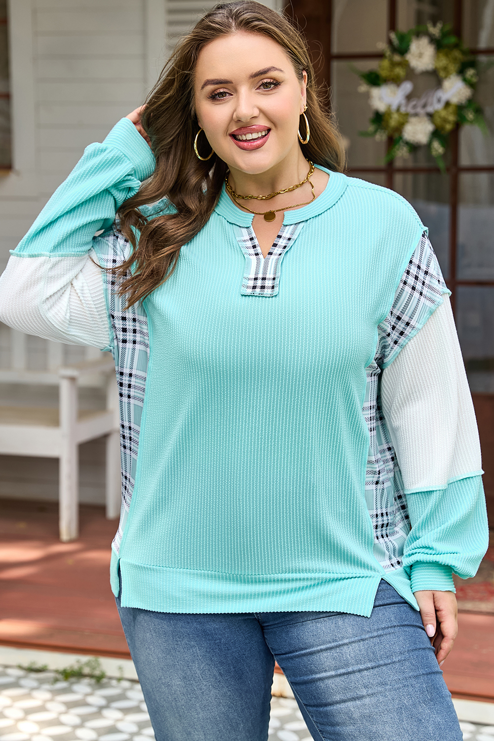 Aruba Blue Twist Ribbed Color Block Plaid Patchwork Plus Size Long Sleeve Top - Image 3