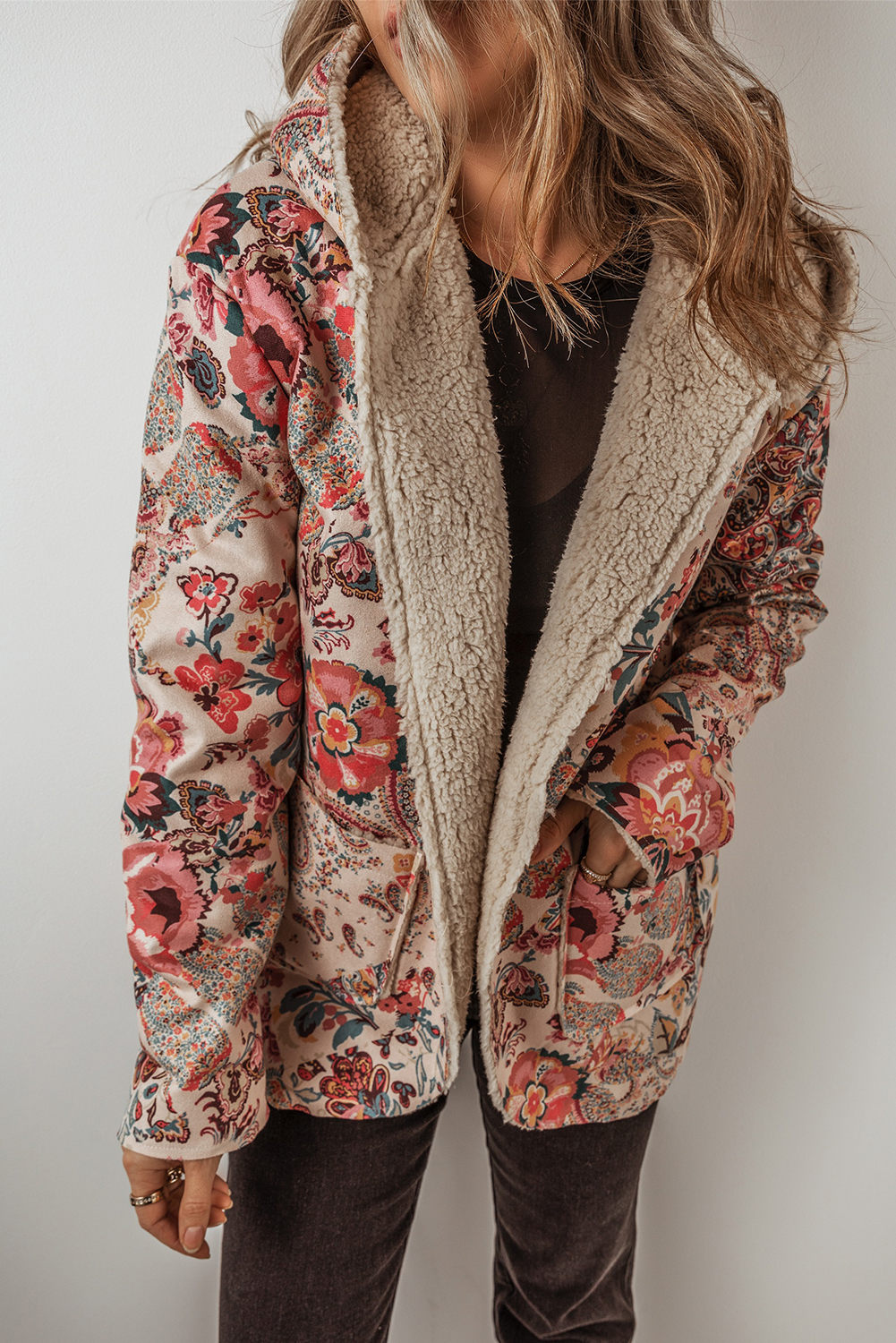 Beige Vintage Paisley Floral Printed Sherpa Lined Hooded Jacket - Image 7