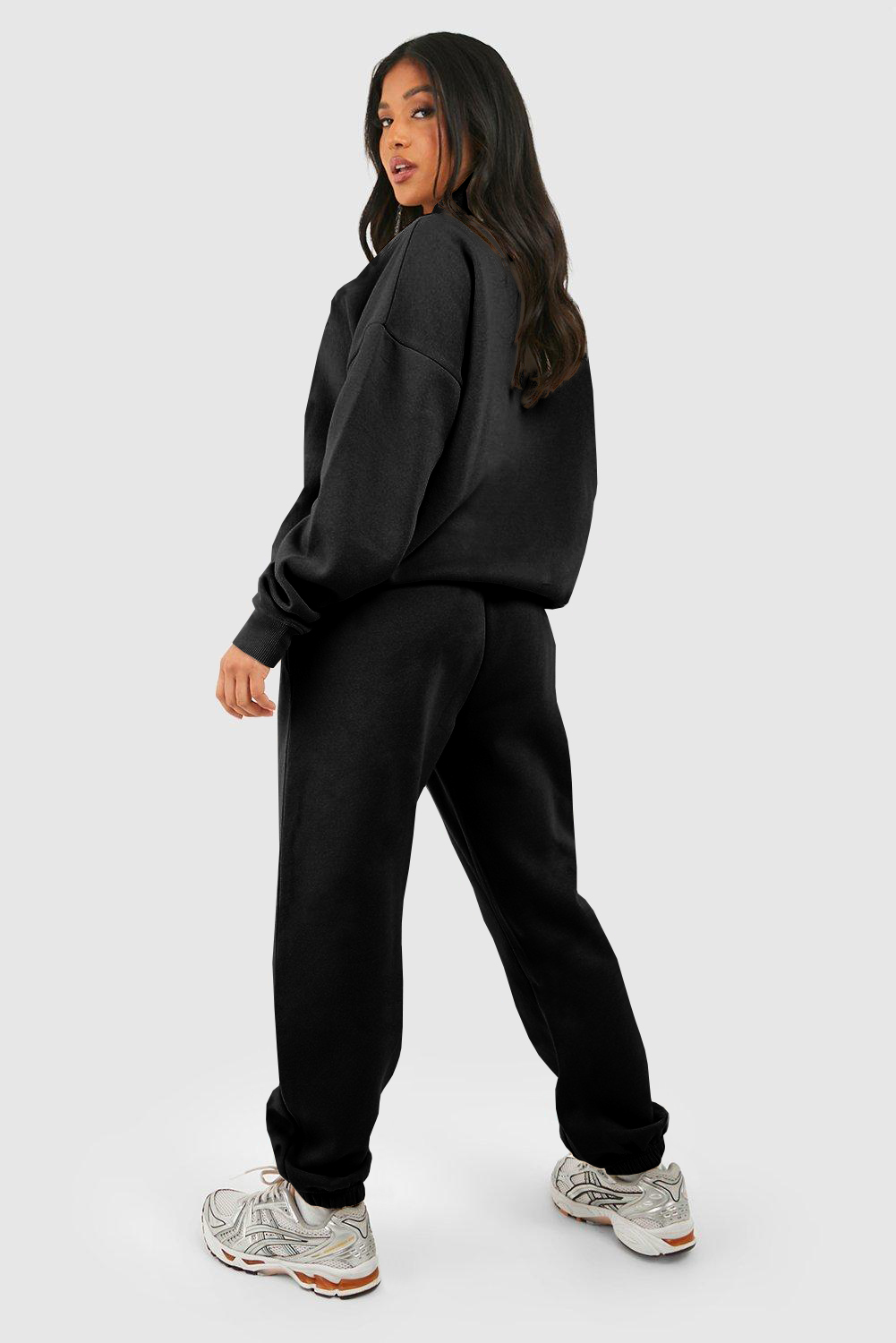 Black Plain Half Zip V Neck Ribbed Edge Loose Tracksuit - Image 2