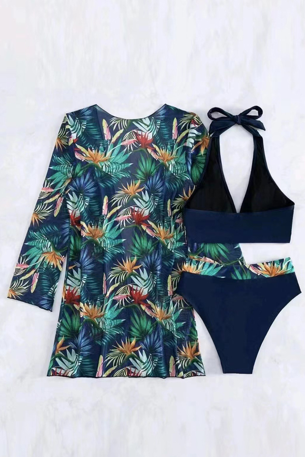 Black 3pcs Tropical Contrast Trim Halter Bikini Set with Cover up - Image 2