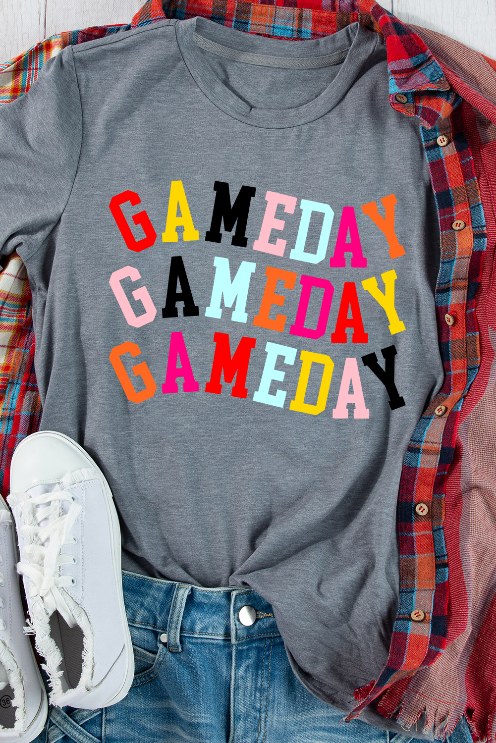 Gray Colorful GAME DAY Graphic Crew T Shirt - Image 2