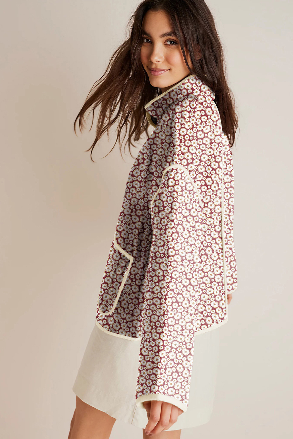 Pink Floral Print Contrast Edge Pocketed Stand Neck Jacket - Image 2