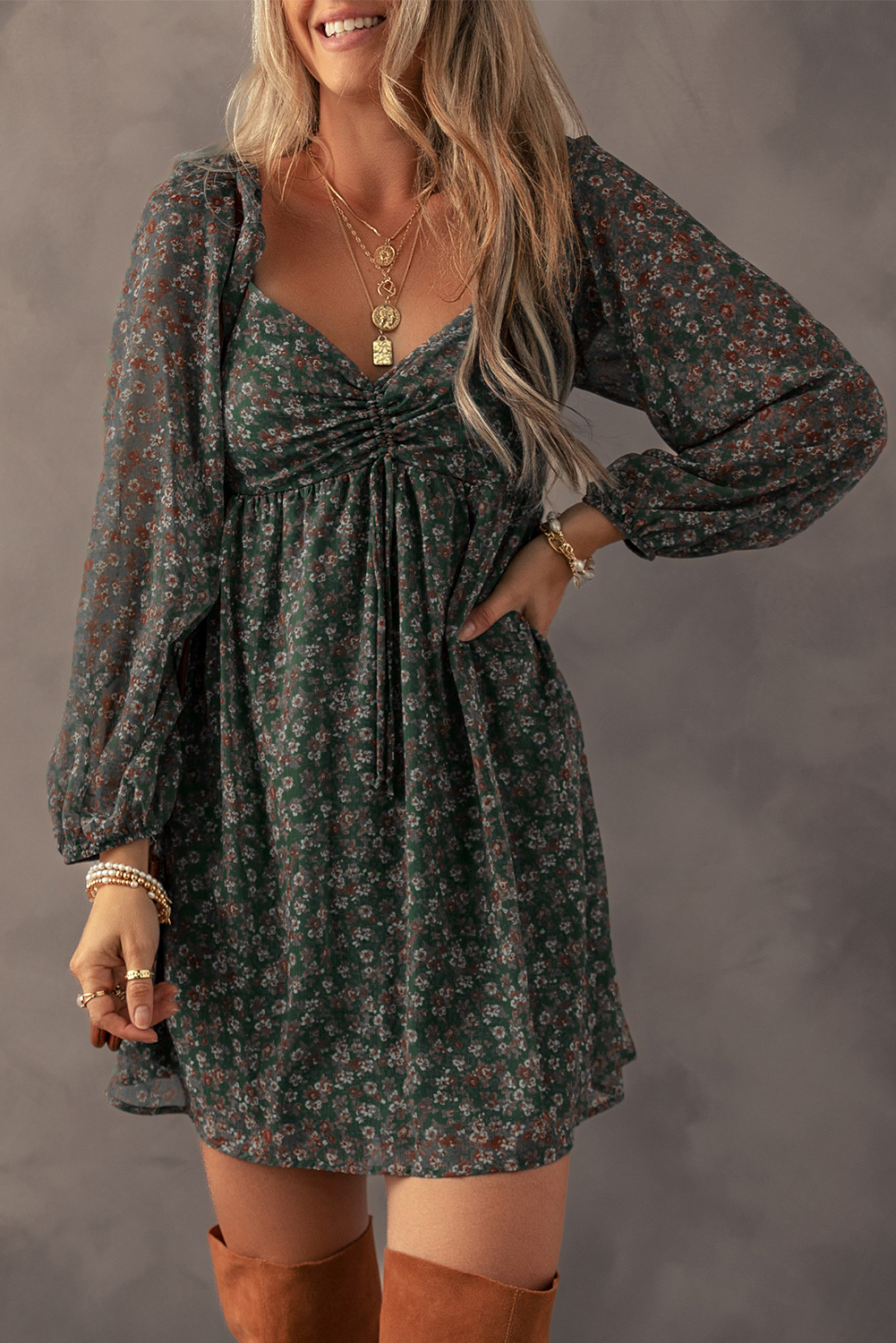 Green Floral Print Sweetheart Neck Shirred Back Mini Dress - Image 3