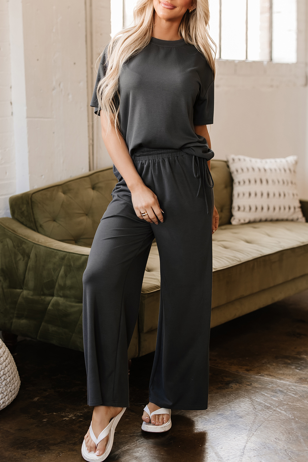Dark Grey Drawstring Side Crewneck Tee and Loose Pants Set - Image 7
