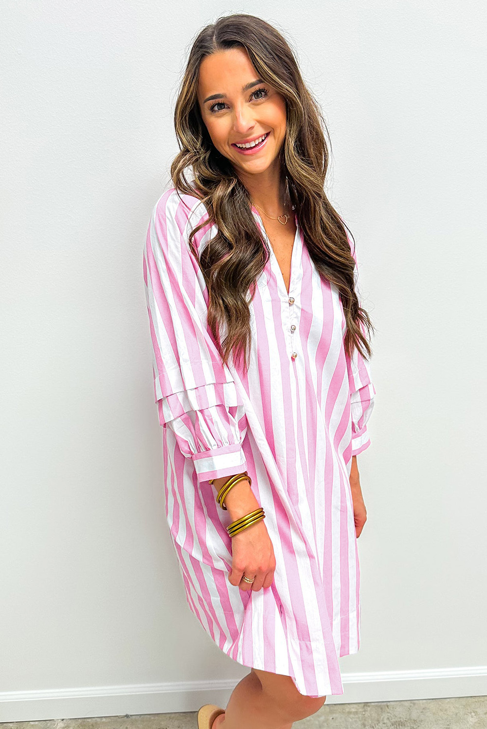 Rose Stripe Bracelet Sleeve Buttons Loose Mini Dress - Image 3