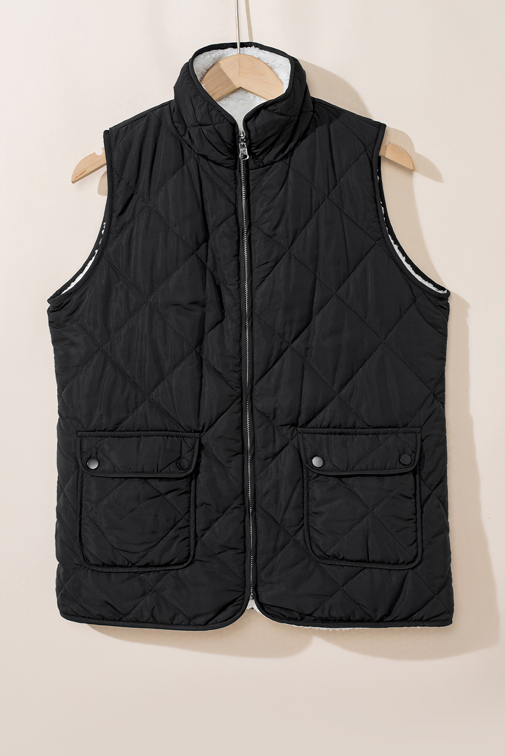Black Fleece Lined Quilted Zip up Vest Coat - Image 4
