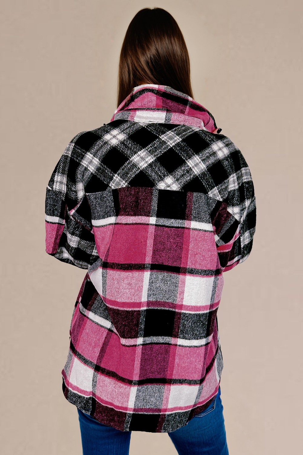 Black Plaid Colorblock Loose Shacket - Image 2