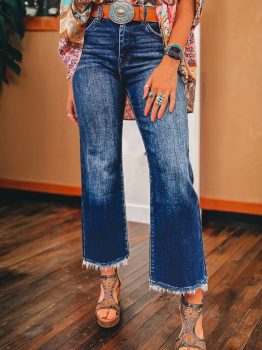 Sail Blue Mineral Wash Raw Hem High Waist Flared Jeans