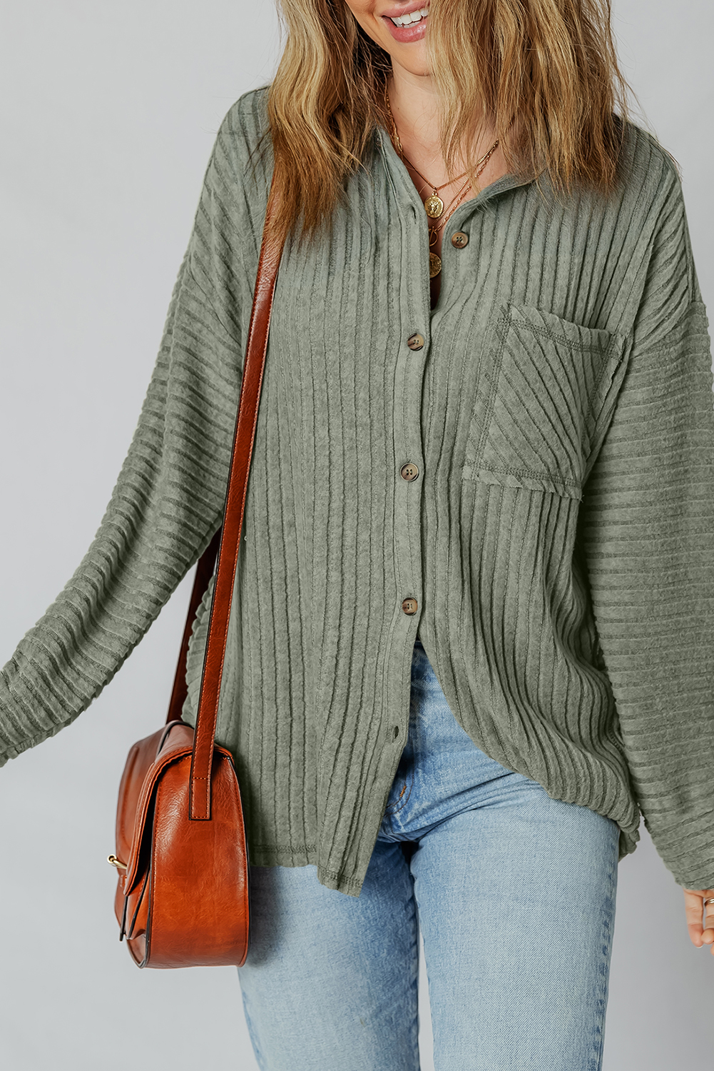Mist Green Thermal Ribbed Texture Drop Shoulder Button Up Shacket - Image 3