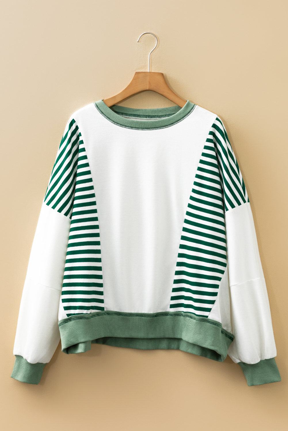 Green Stripe Colorblock Patchwork Contrast Stitching Oversize Sweatshirt - Image 5