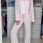 Pink Bow Print Long Sleeve Shirt and Pants Soft Pajama Set