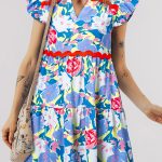 Sky Blue Floral Printed V Notched Ric Rac Flutter Sleeve Dress