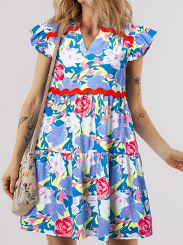 Sky Blue Floral Printed V Notched Ric Rac Flutter Sleeve Dress