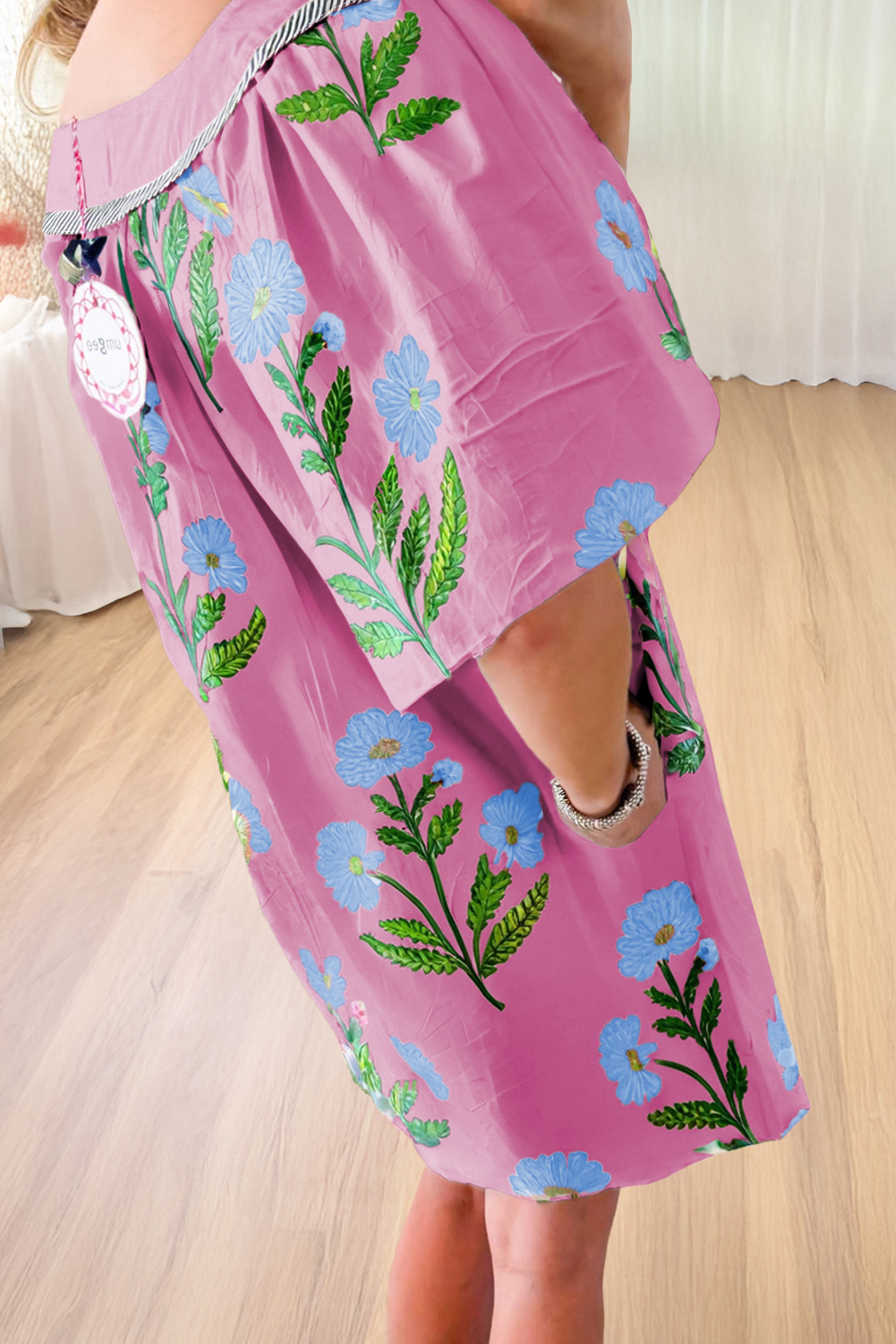 Rose Floral Short Sleeve Split Neck Loose Mini Dress - Image 6