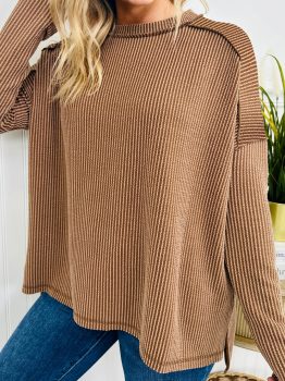 Dark Khaki Twist Ribbed Exposed Seam Detail Long Sleeve Loose Top