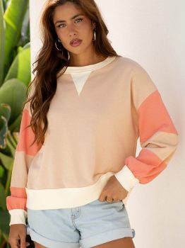 Light French Beige Color Block Textured Patchwork Pullover Sweatshirt