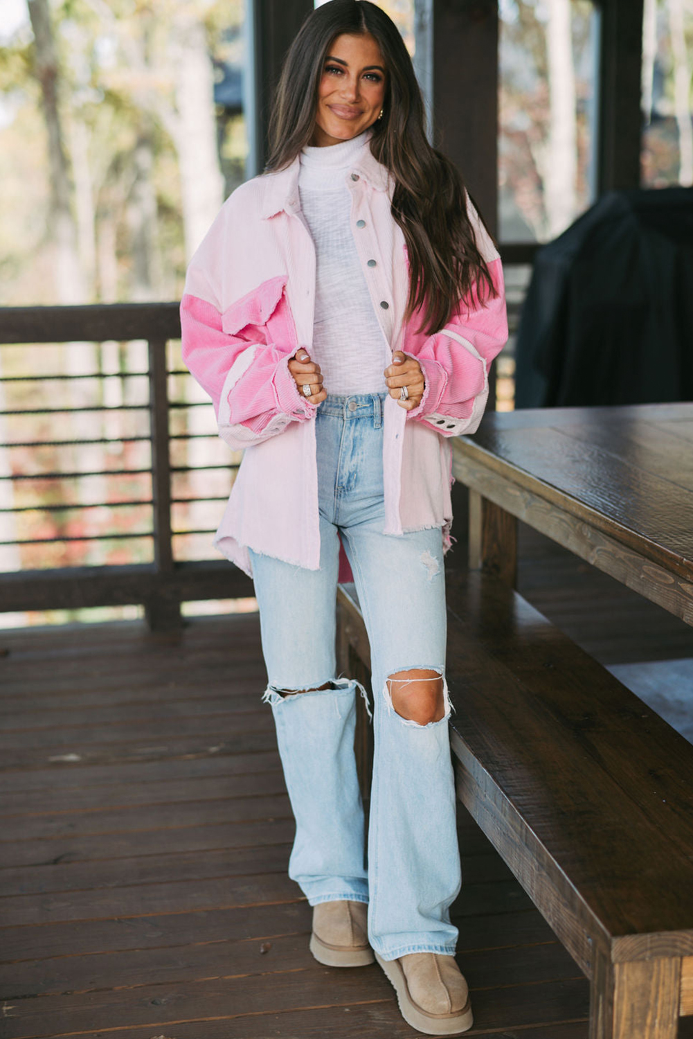 Delicacy Two-tone Color Exposed Seam Corduroy Shacket - Image 5