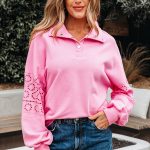 Bonbon Embroidered Flower Patchwork Snap Buttons Pullover Sweatshirt