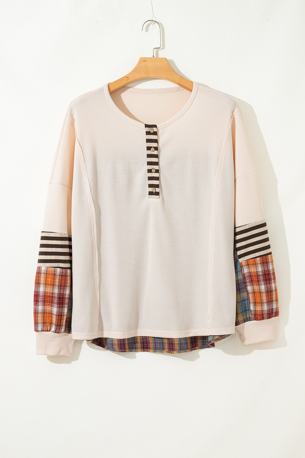 Parchment Plus Size Waffle Colorblock Striped Plaid Patchwork Half Button Pullover - Image 8