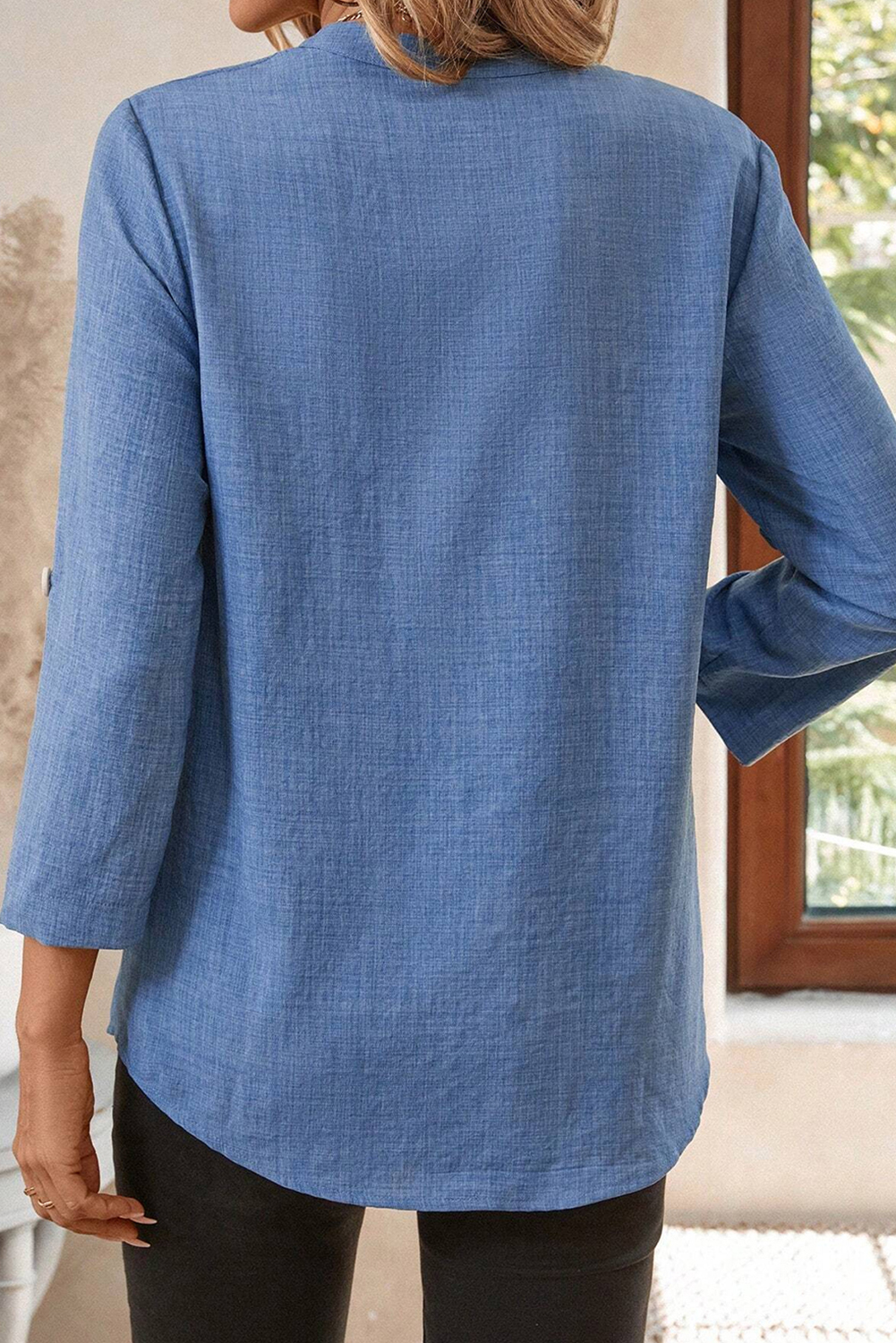 Ashleigh Blue Solid Color Notched V Neck Roll up 3/4 Sleeve Blouse - Image 2