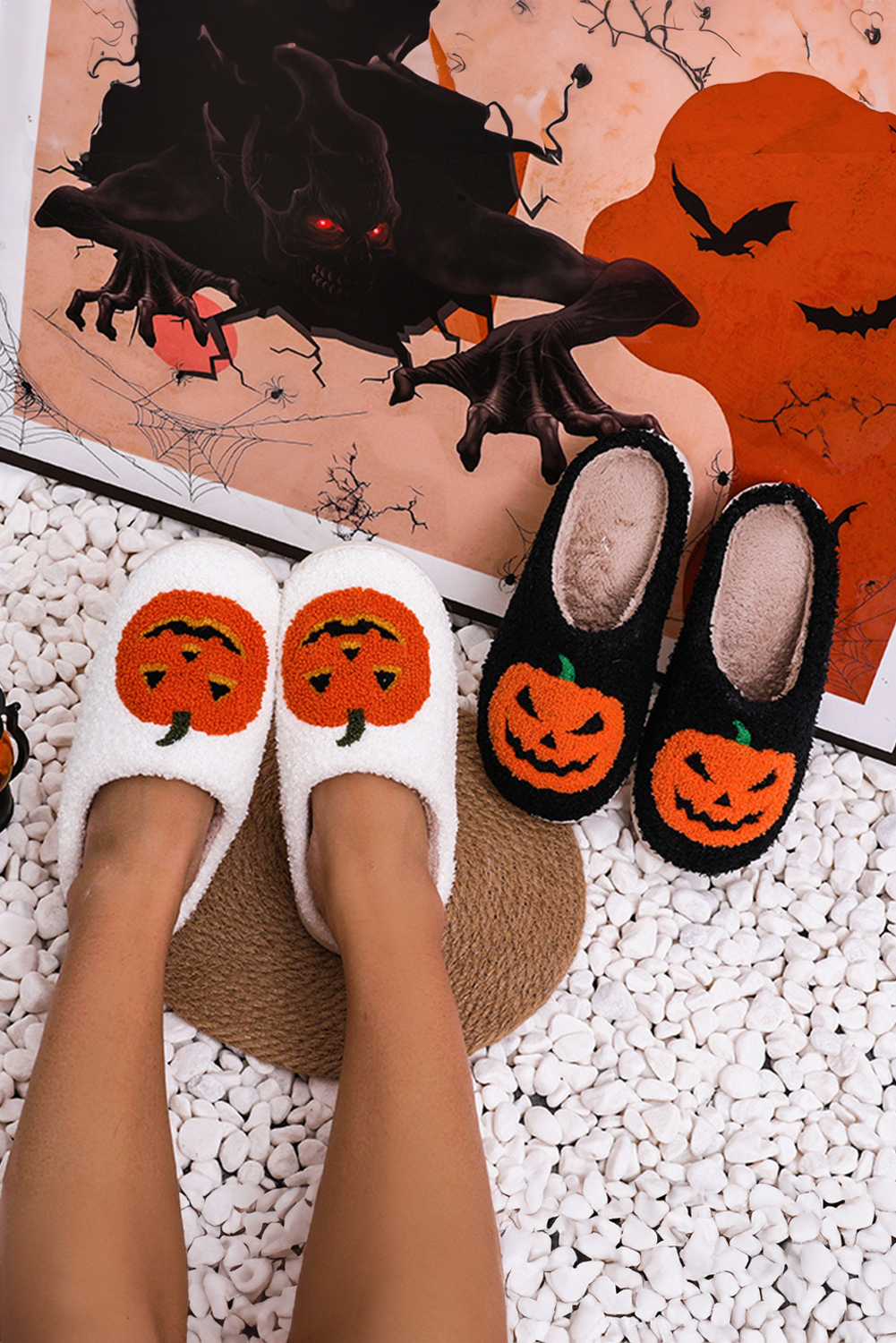 White Halloween Pumpkin Print Plush Slippers (Runs Small, Size Up) - Image 7