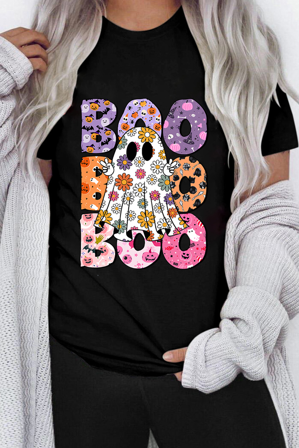 Black BOO Floral Ghost Print Crew Neck Halloween T Shirt - Image 2