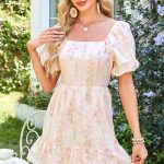 Pink Floral Puff Sleeve Square Neck Knotted Open Back Ruffled Mini Dress