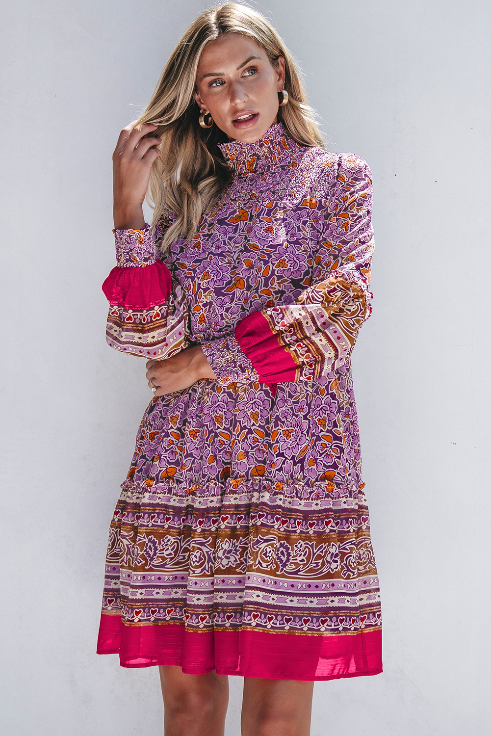 Purple Floral Smocked Puff Sleeve High Neck Mini Dress - Image 4