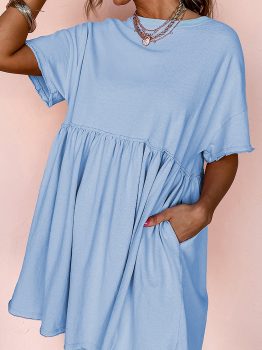 Sky Blue Solid Color Pocketed Raw Edge Babydoll Dress