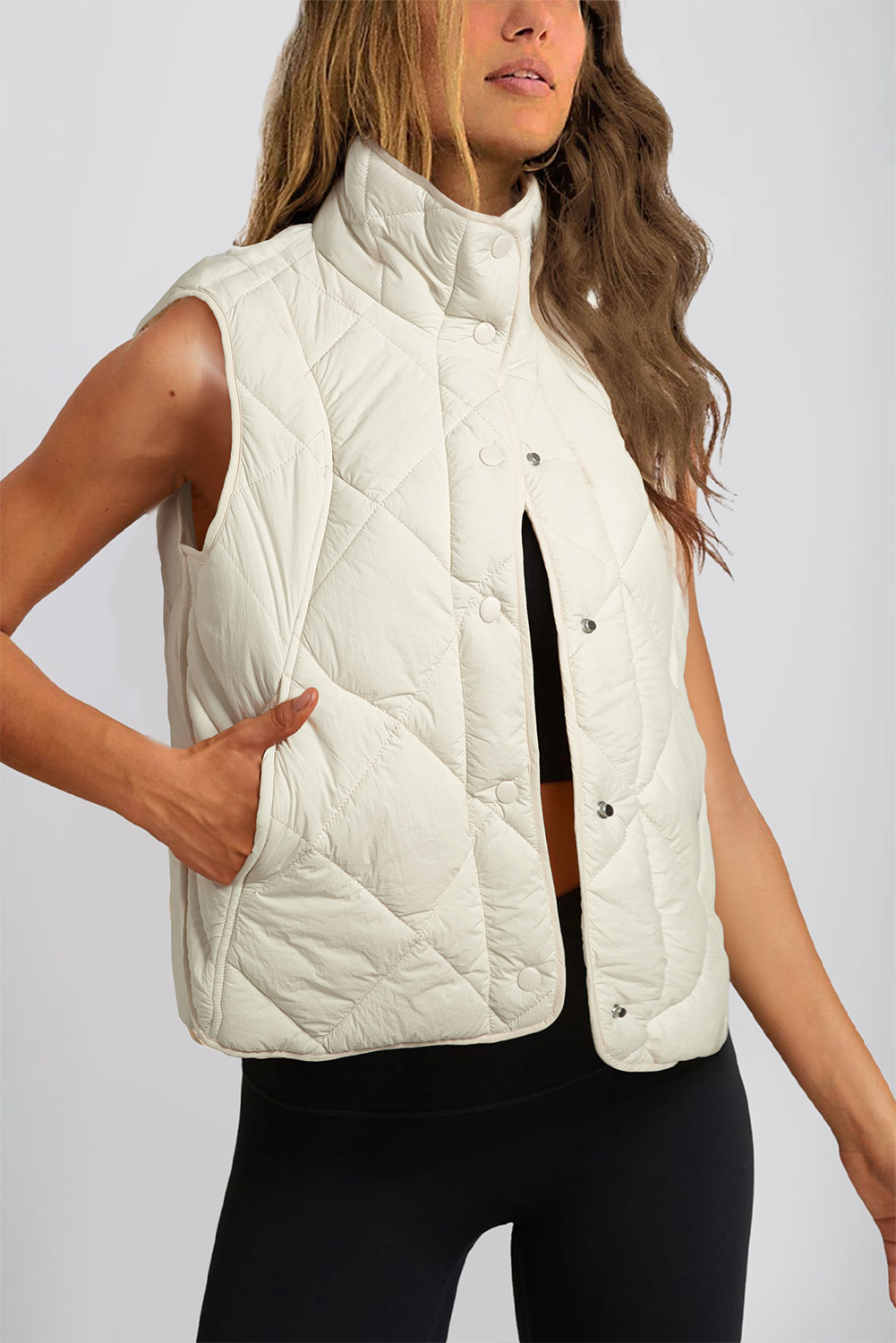 Beige Quilted High Neck Button Up Pocket Vest Coat - Image 6