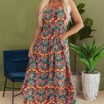 Black Boho Floral Print Thin Straps Sleeveless High Waist Maxi Dress