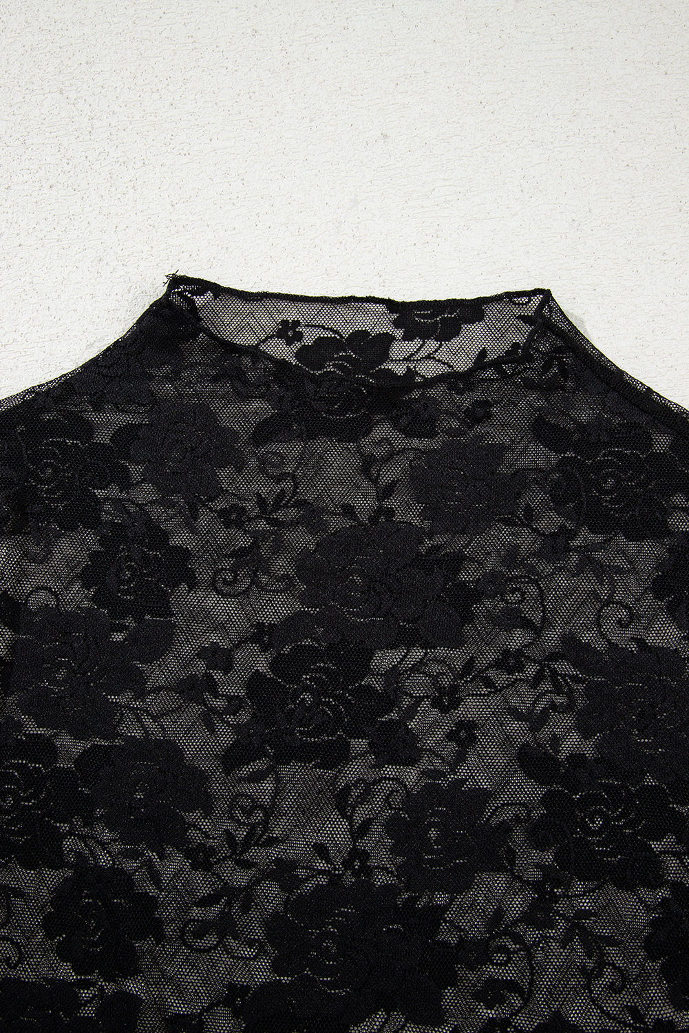 Black Sheer Floral Lace Mesh Mock Neck Long Sleeve Top - Image 7